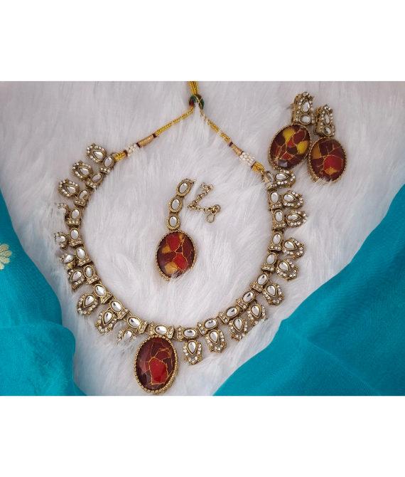 Rustic Maroon & Gold Kundan Necklace Set with Marble-Effect Stone Accents